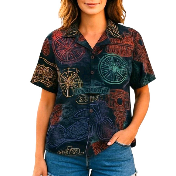 HARLEY DAVIDSON X TORI RICHARD Silk Shirt Womens L Black Print Button Shirt Top - Picture 1 of 11